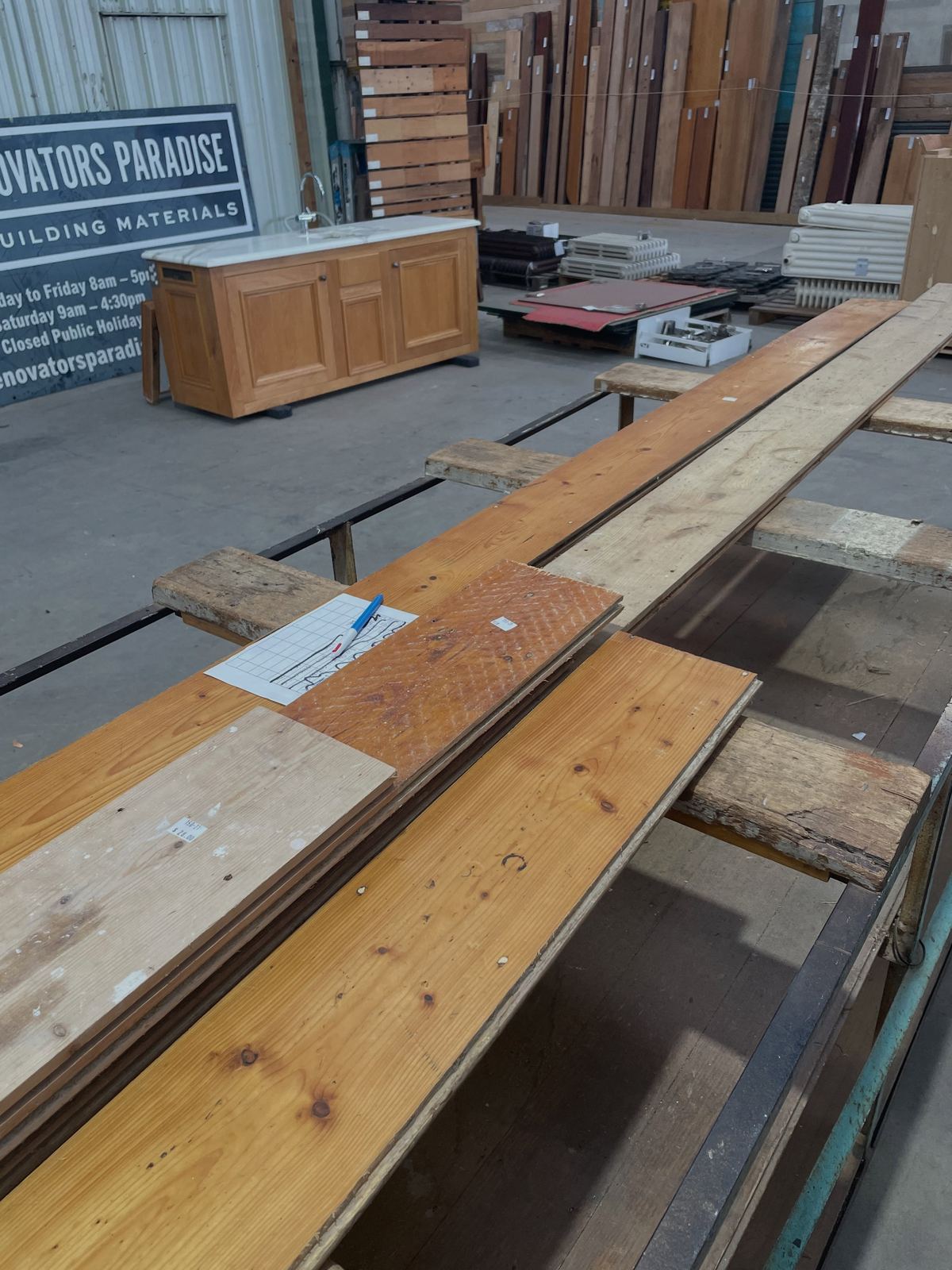 Salvaged baltic pine boards at the timber yard